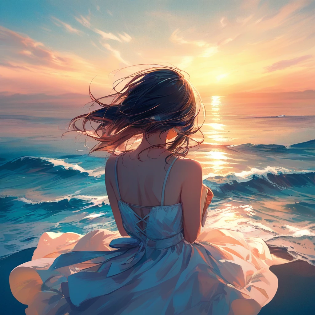 Woman in blue dress sitting on a windy sandy beach
