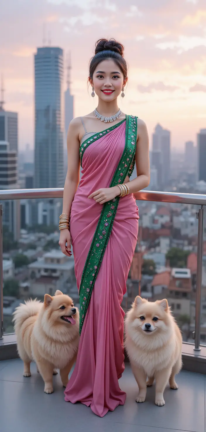 Smiling Woman On Balcony With Dog At Pink Sunset