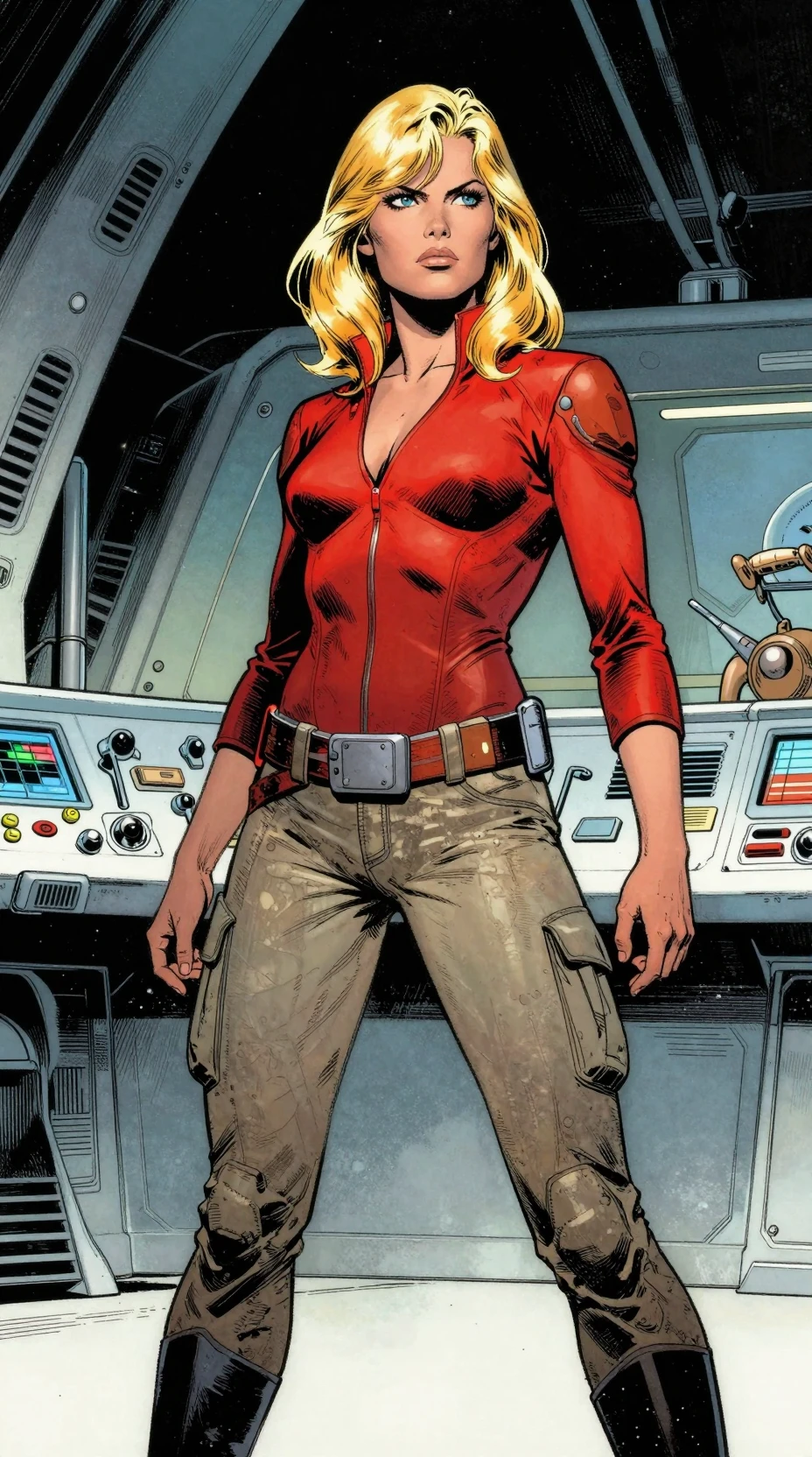 Heroína loira do espaço de top vermelho em sala de controle futurista