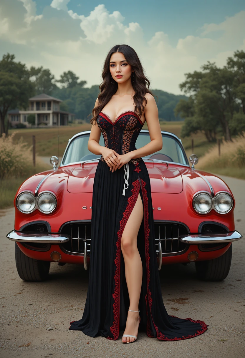 紅色 Corvette 與哥德蕾絲時尚的蒙娜麗莎