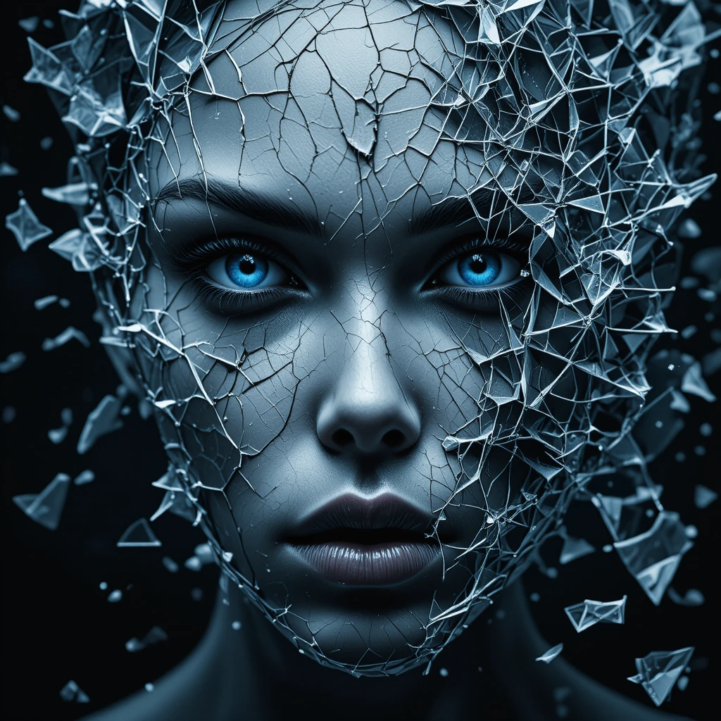 Retrato de mulher se estilhaçando em vidro como fragmentos de porcelana