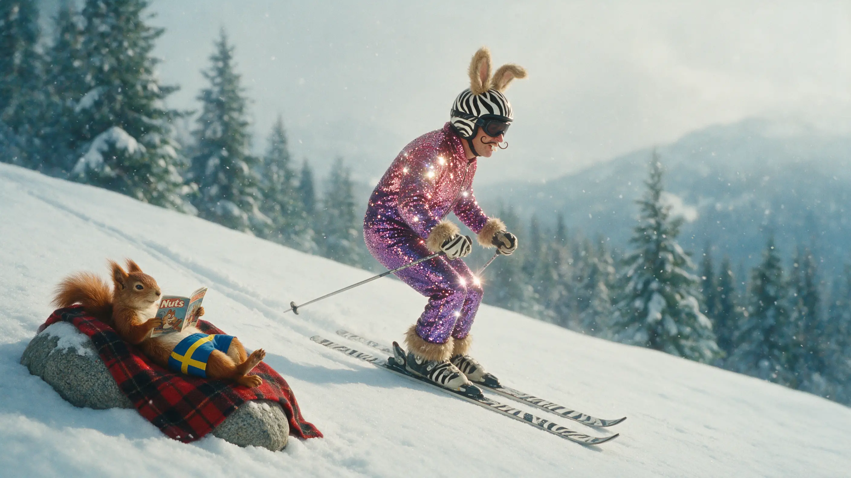 Vintage skier in sequined suit on snowy mountain slope