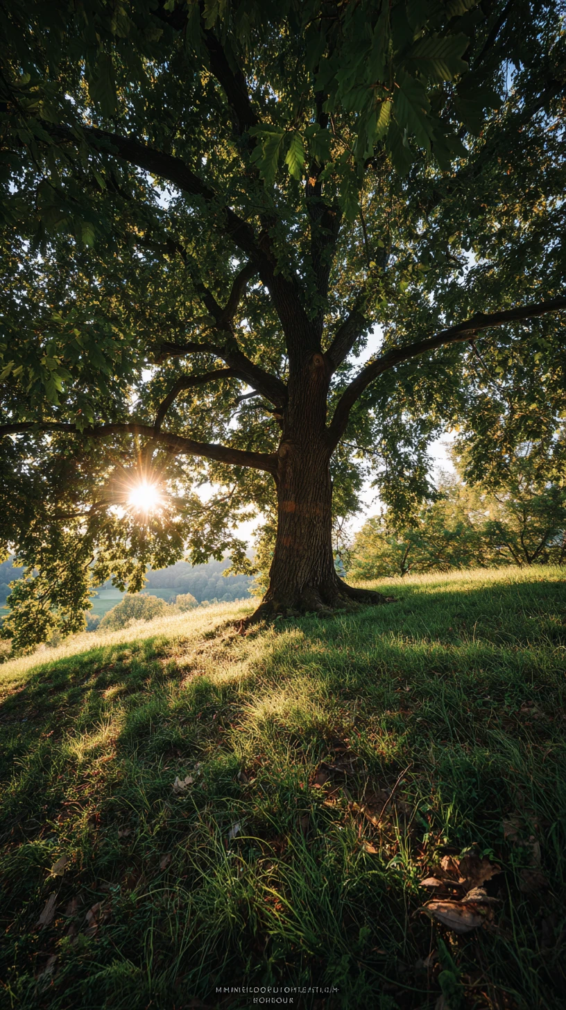 Albero solitario su una collina all’alba con scoiattolo a riposo