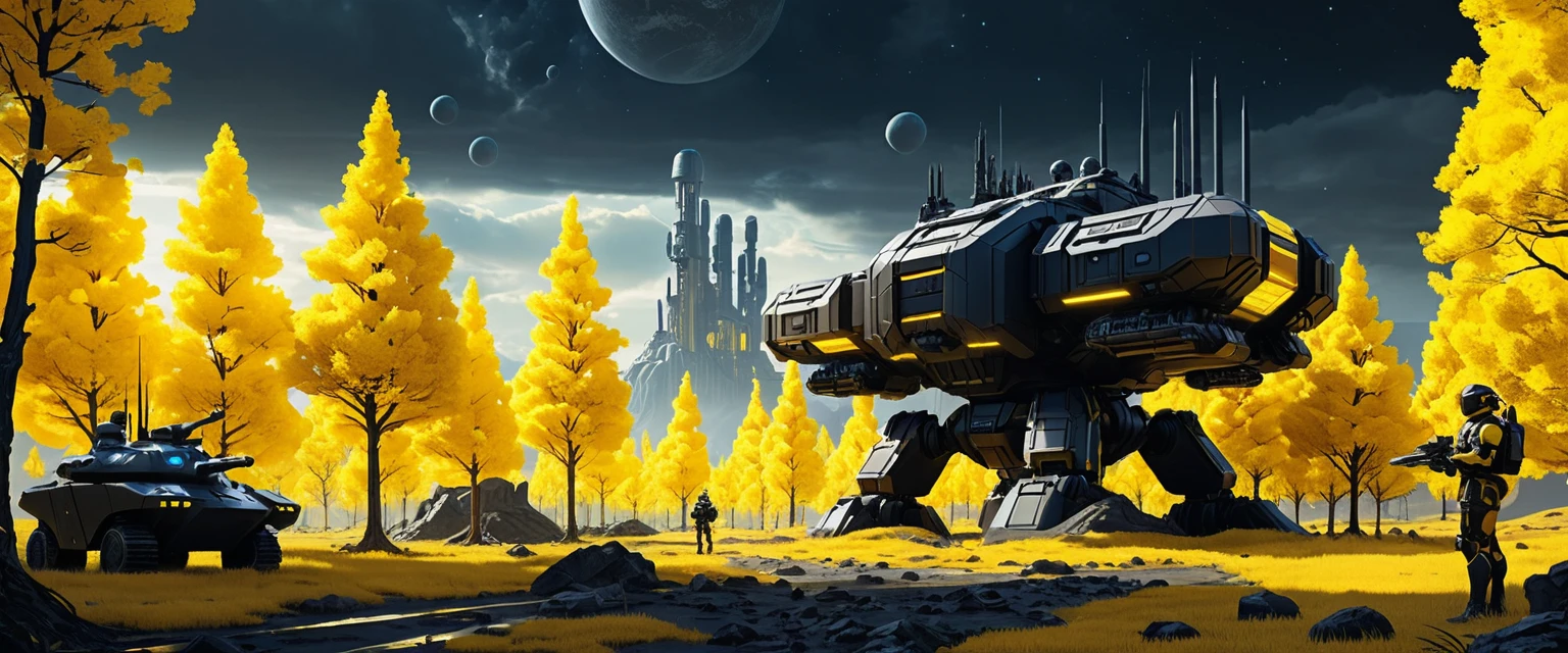Marines mecha in stile anime in una base di ricerca in un canyon sci‑fi