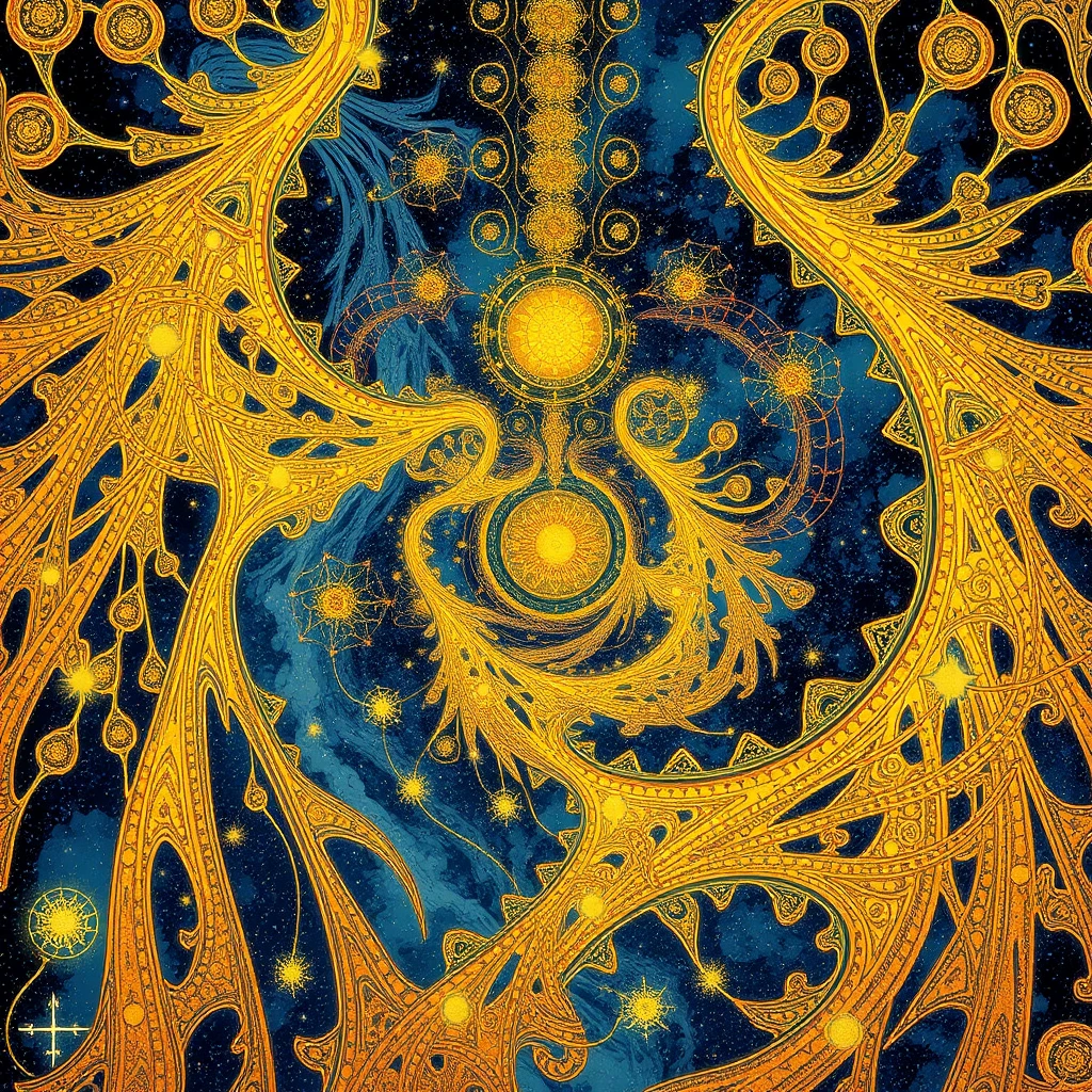 Goldene fraktale Tapisserie göttlicher und fantastischer Existenz