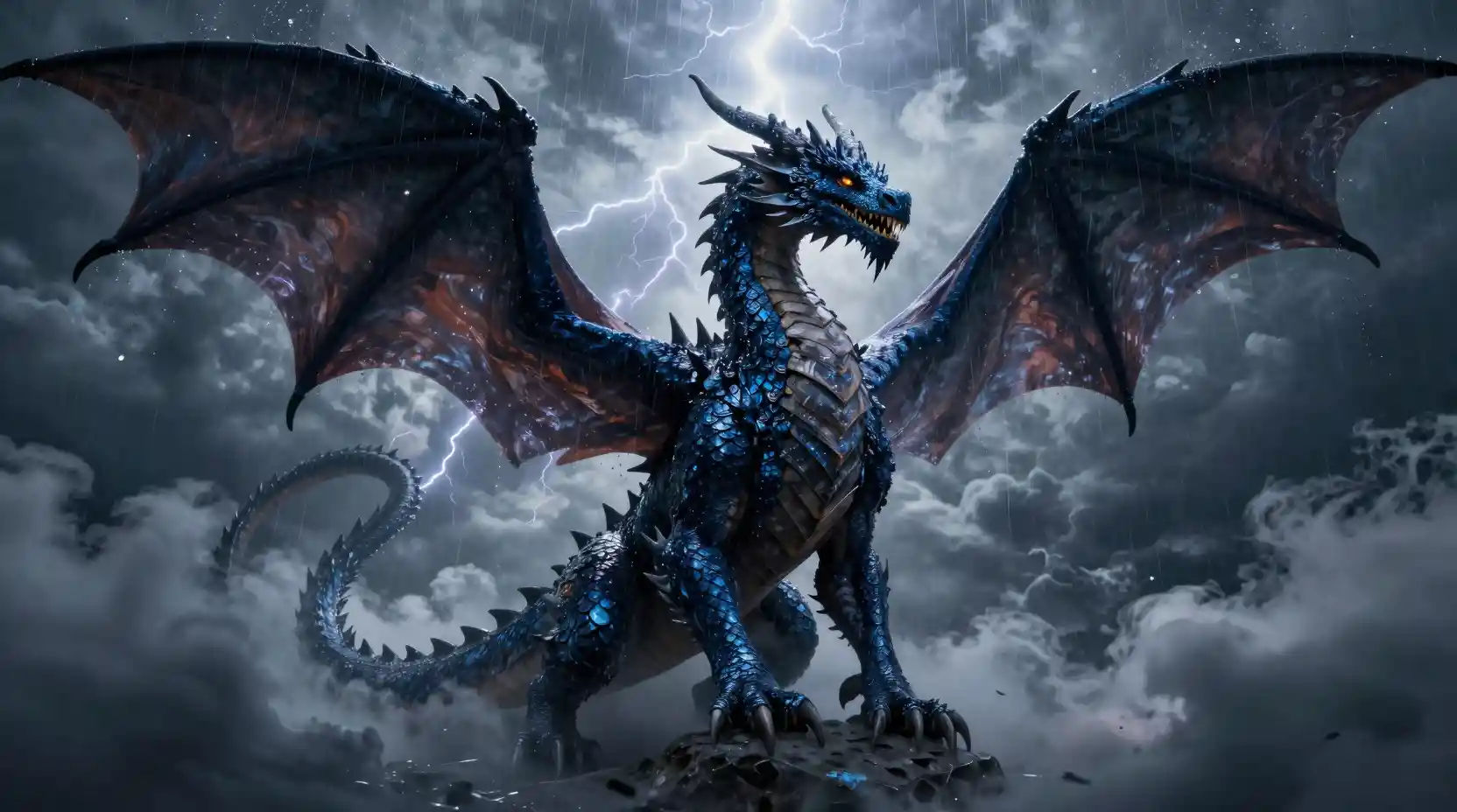 Dragon de minuit émergeant de nuages d’orage frappés par la foudre