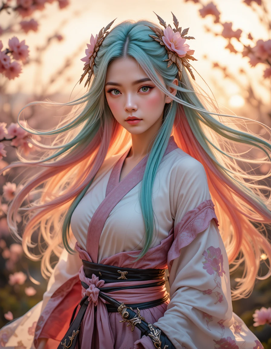 夕焼けの桜に囲まれたピンク髪の鬼殺し戦士