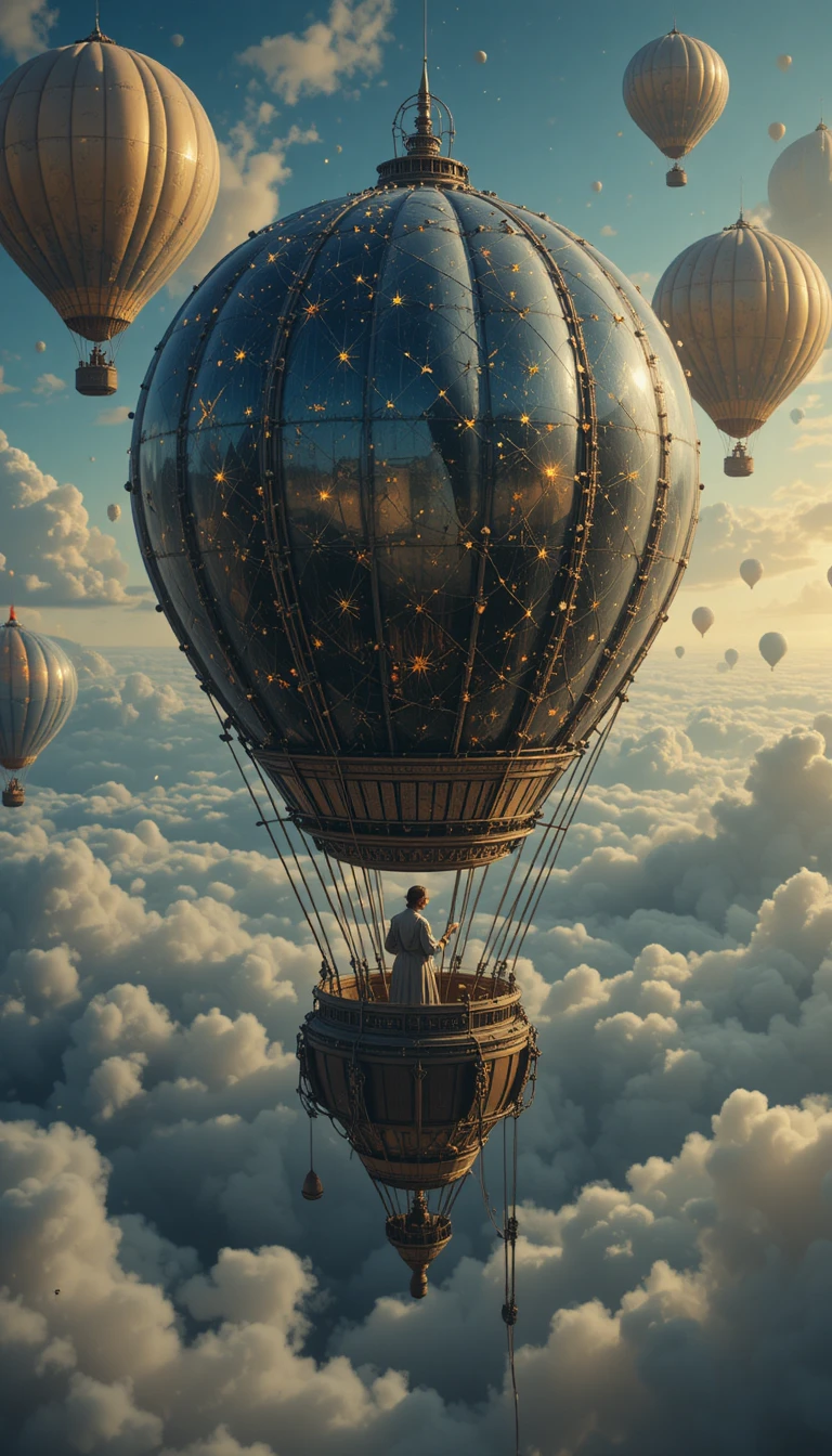 Observatório em ilha flutuante de balões nas nuvens steampunk dos sonhos