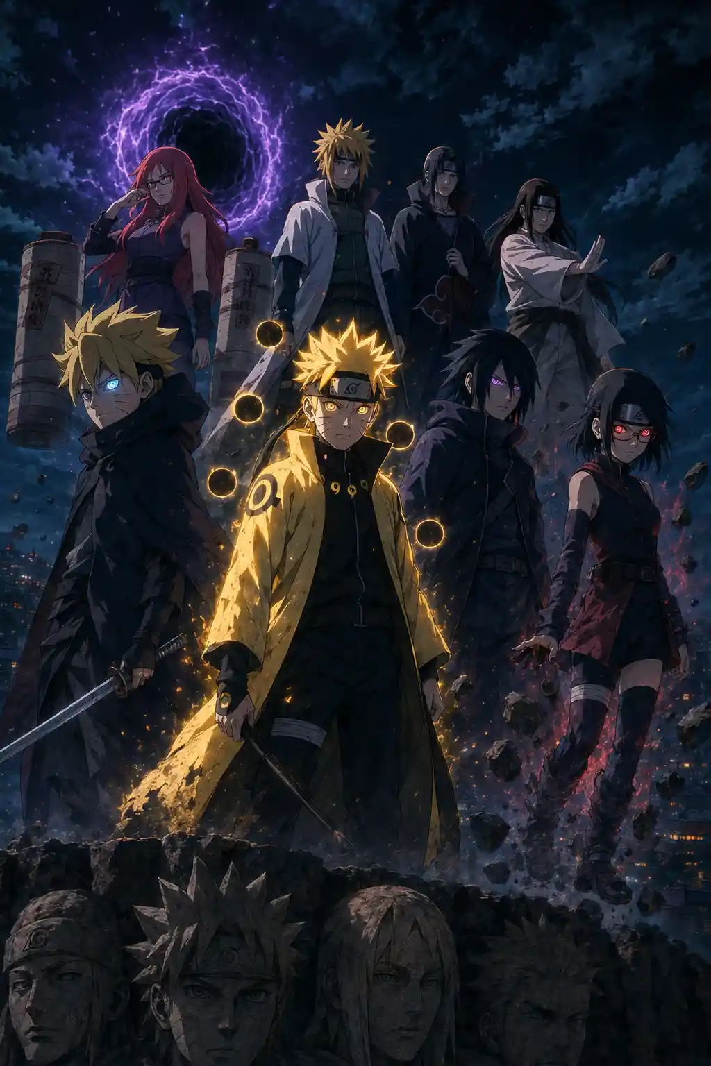 Equipo de shinobi futurista en el Monumento Hokage de noche