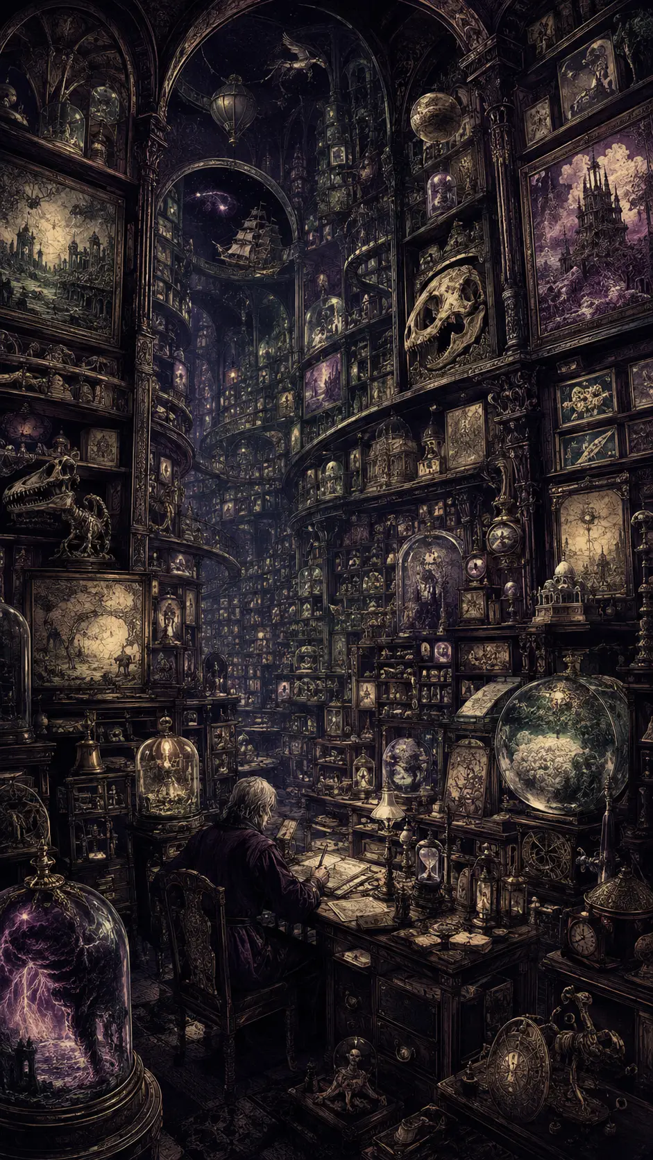 Endloses unmögliches Archiv surrealer Artefakte in der Dunkelheit