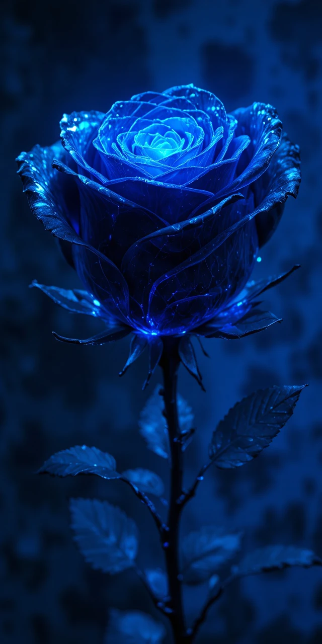 Rosa de vidrio negra que brilla con una inquietante luz digital azul
