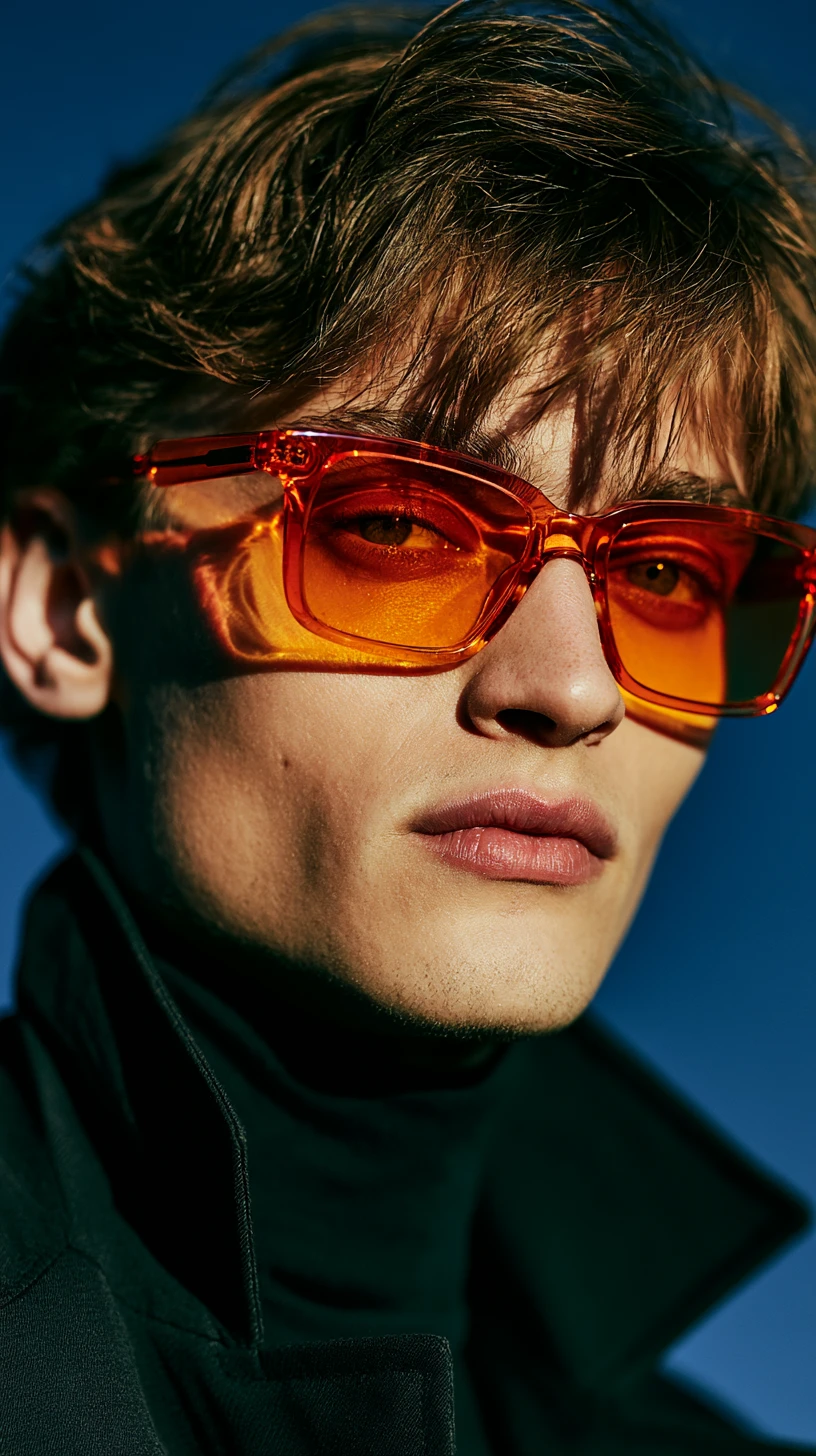 Retrato de moda monocromático com foco em óculos de sol laranja