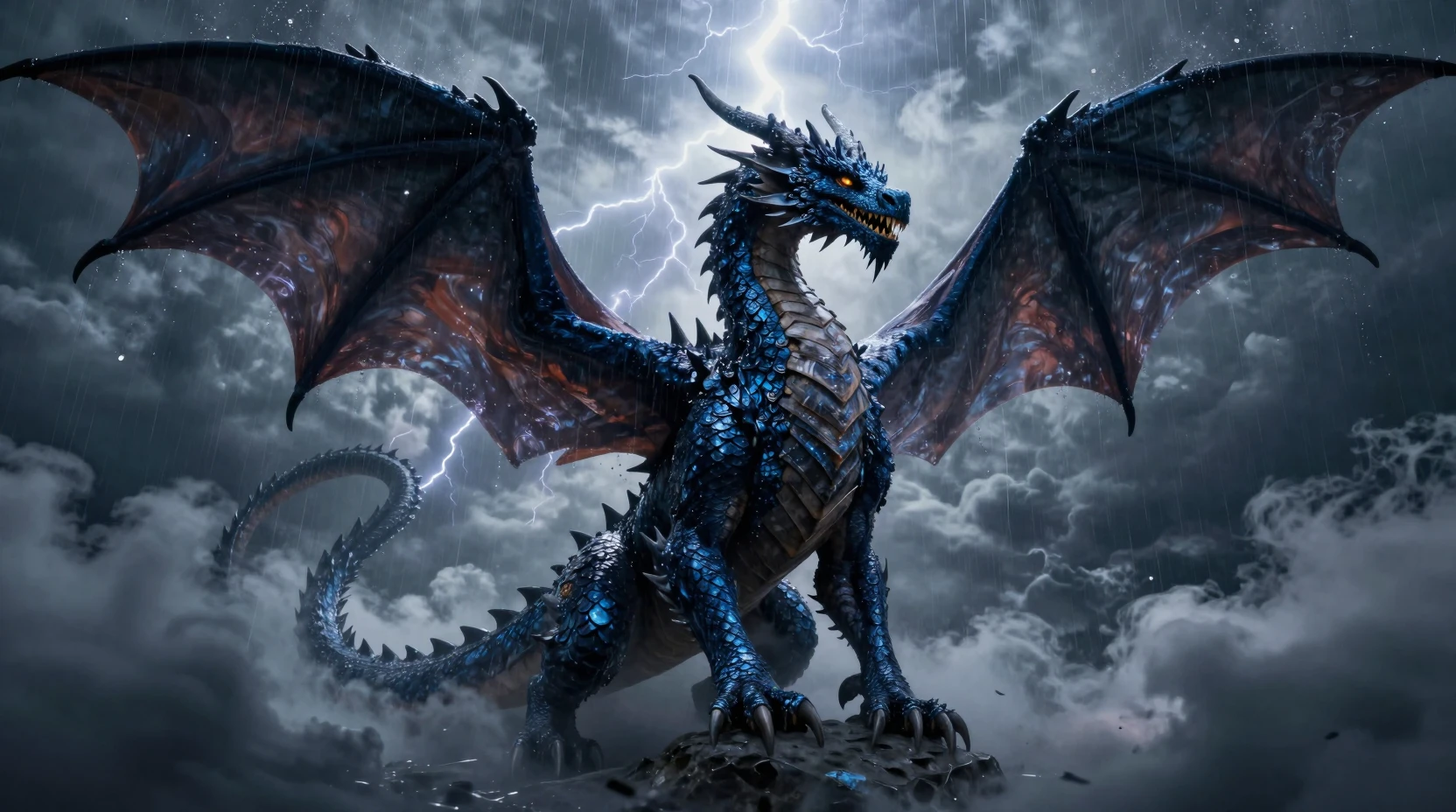 Dragão da meia-noite surgindo de nuvens de tempestade com relâmpagos