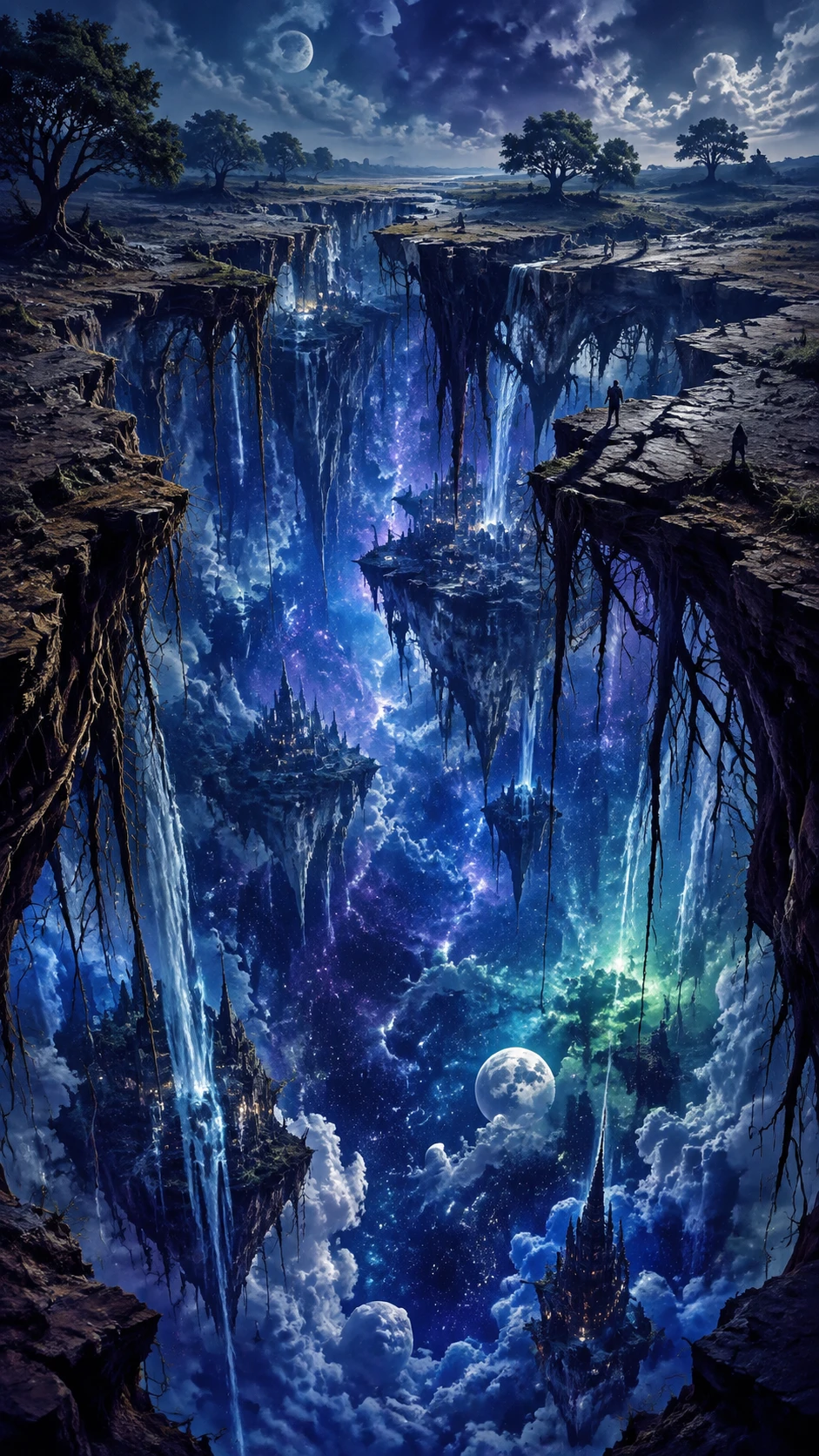 Paisagem surreal rachada por fendas que revelam um segundo céu