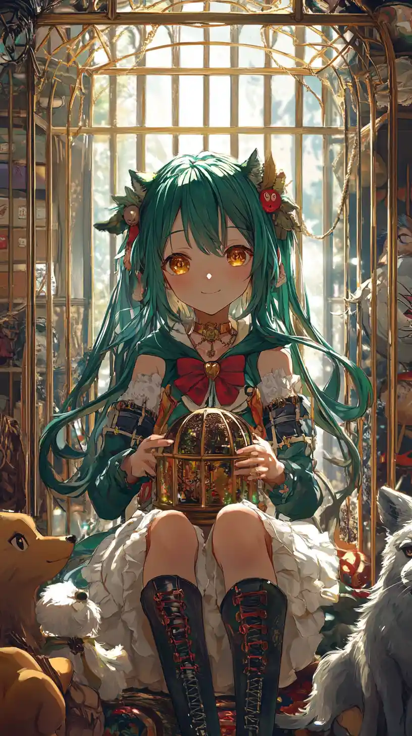 Fille d’anime chantant dans une cage dorée remplie de coussins colorés