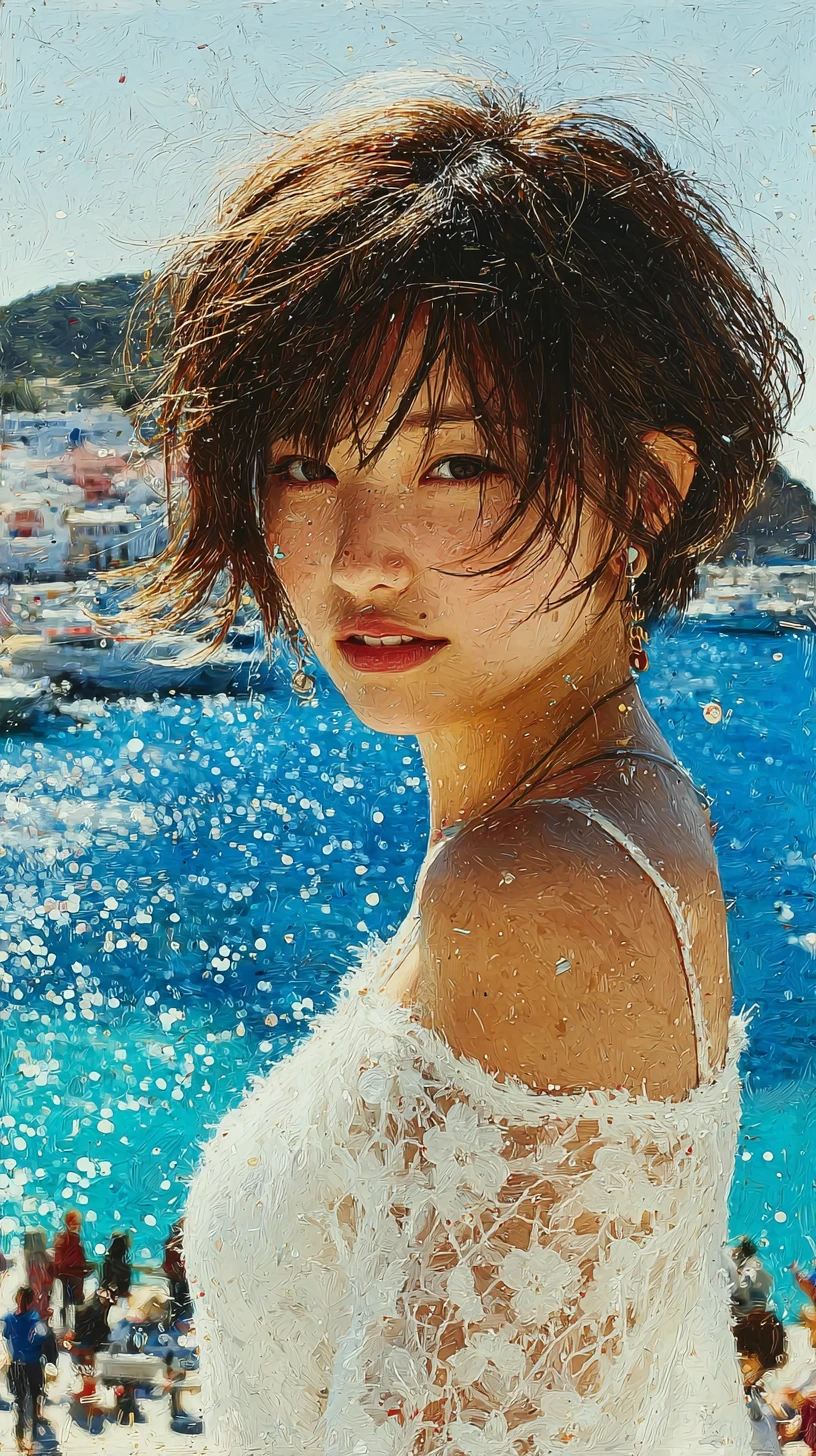 Young woman in profile by the sunlit seaside
