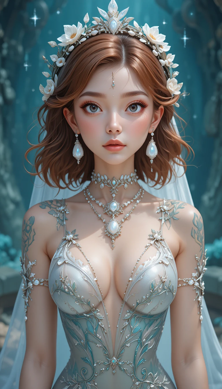Elegante chica sirena con cola esmeralda y joyas de perlas
