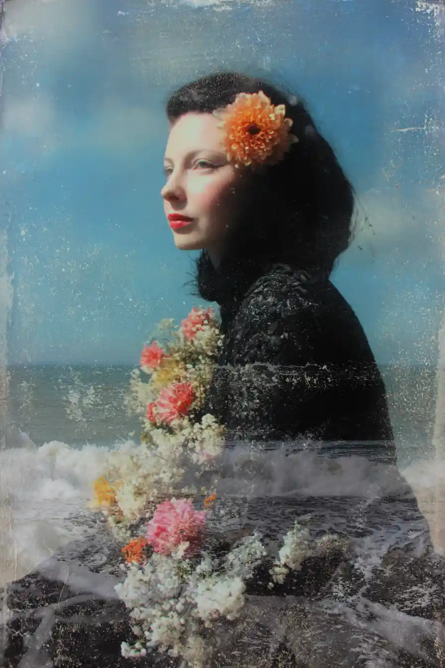 Retrato surreal de uma mulher alegre no Mar Báltico