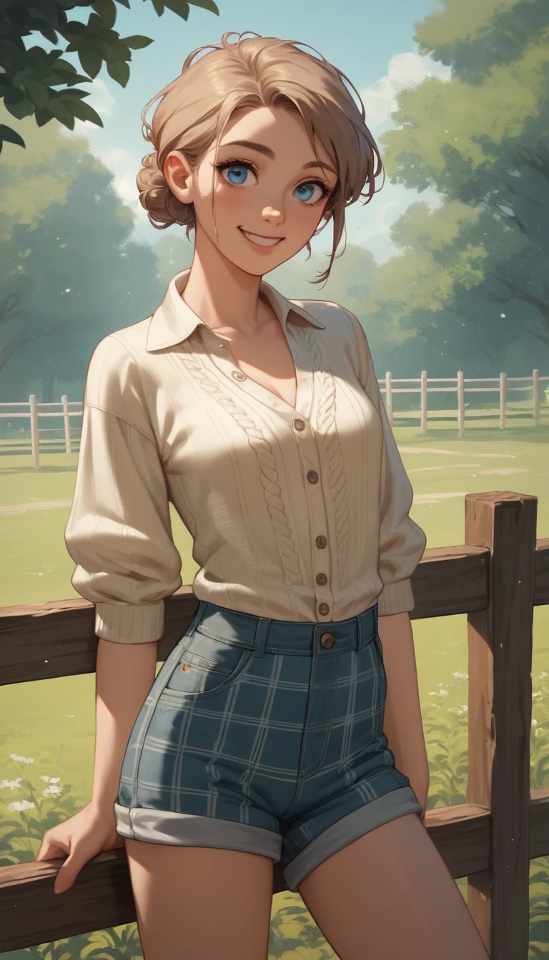 Verspieltes Anime-Mädchen im Vintage-Outfit an einem Holzzaun