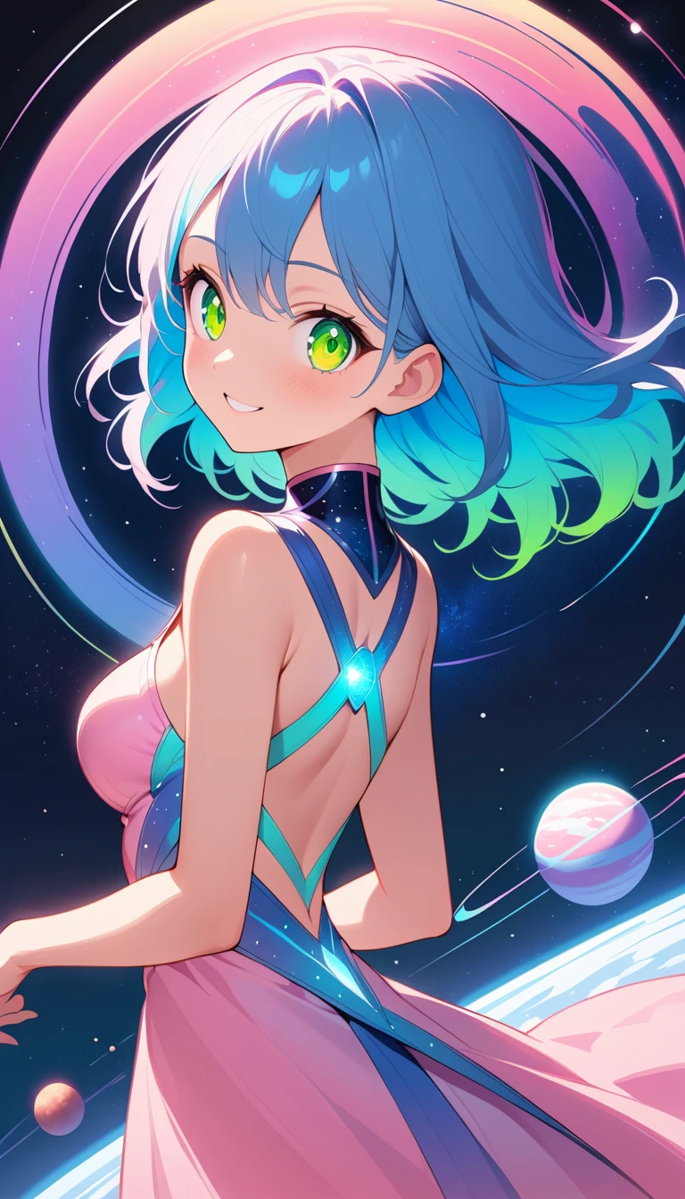 Femme d’anime aux cheveux bleus remontant la fermeture de sa robe rose