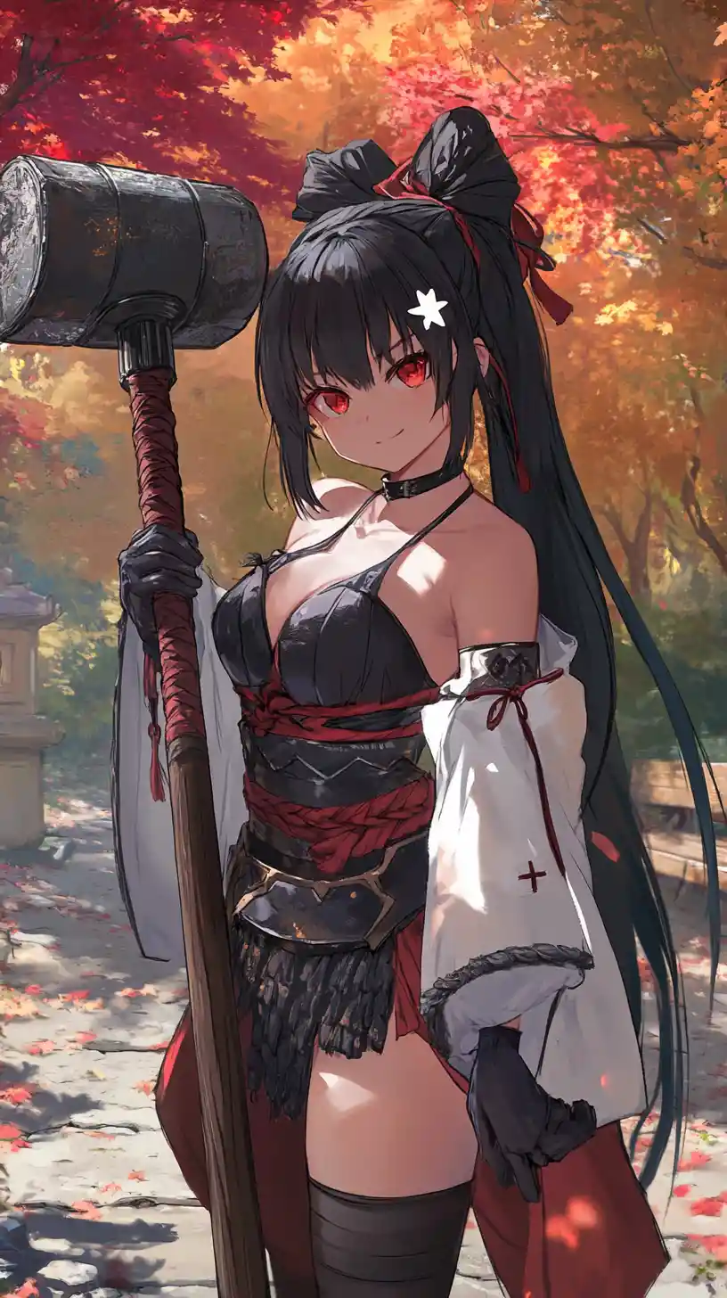 伝統的な鎧をまといハンマーを持つアニメの女戦士