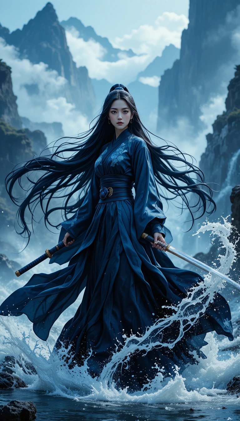 Épéiste d’anime près d’une cascade de montagne, katana dégainé
