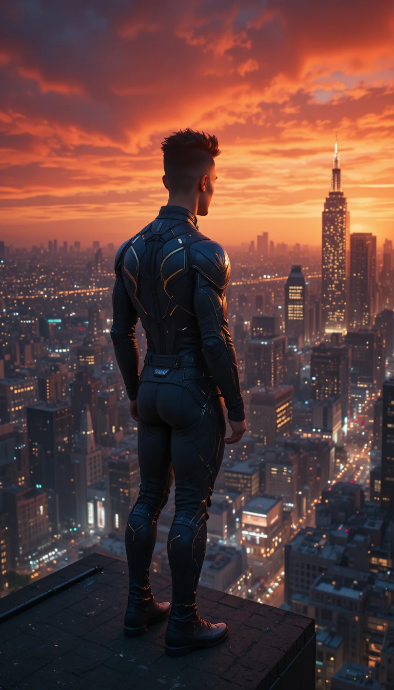 Super-herói em rooftop da cidade sob pôr do sol dramático