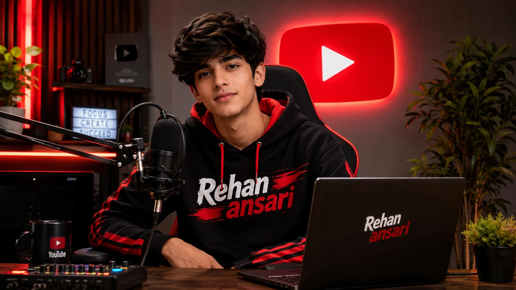 Anime boy streaming at computer desk with microphone