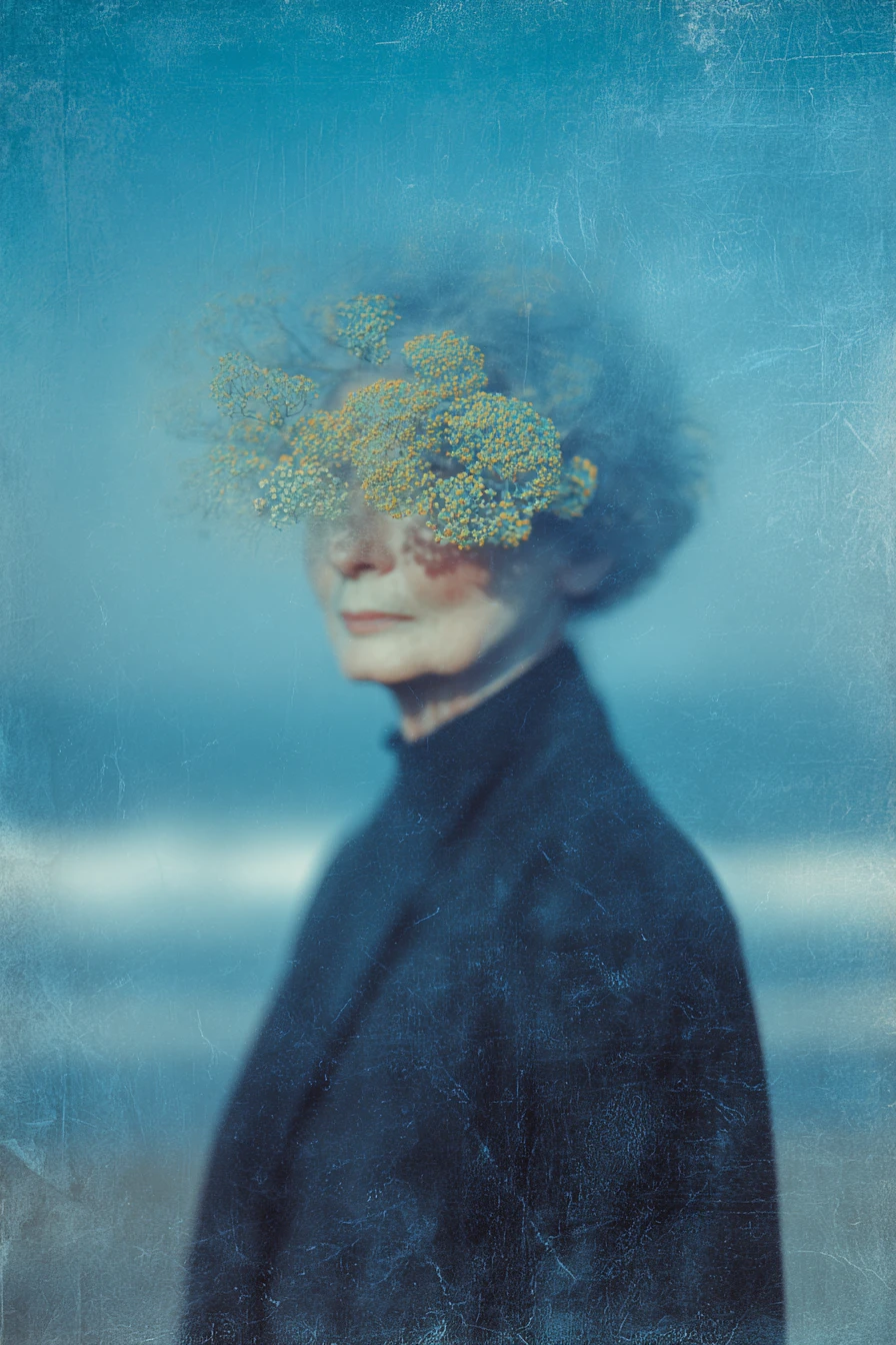 Mulher madura surreal tecendo flores a partir de ondas do mar revoltas