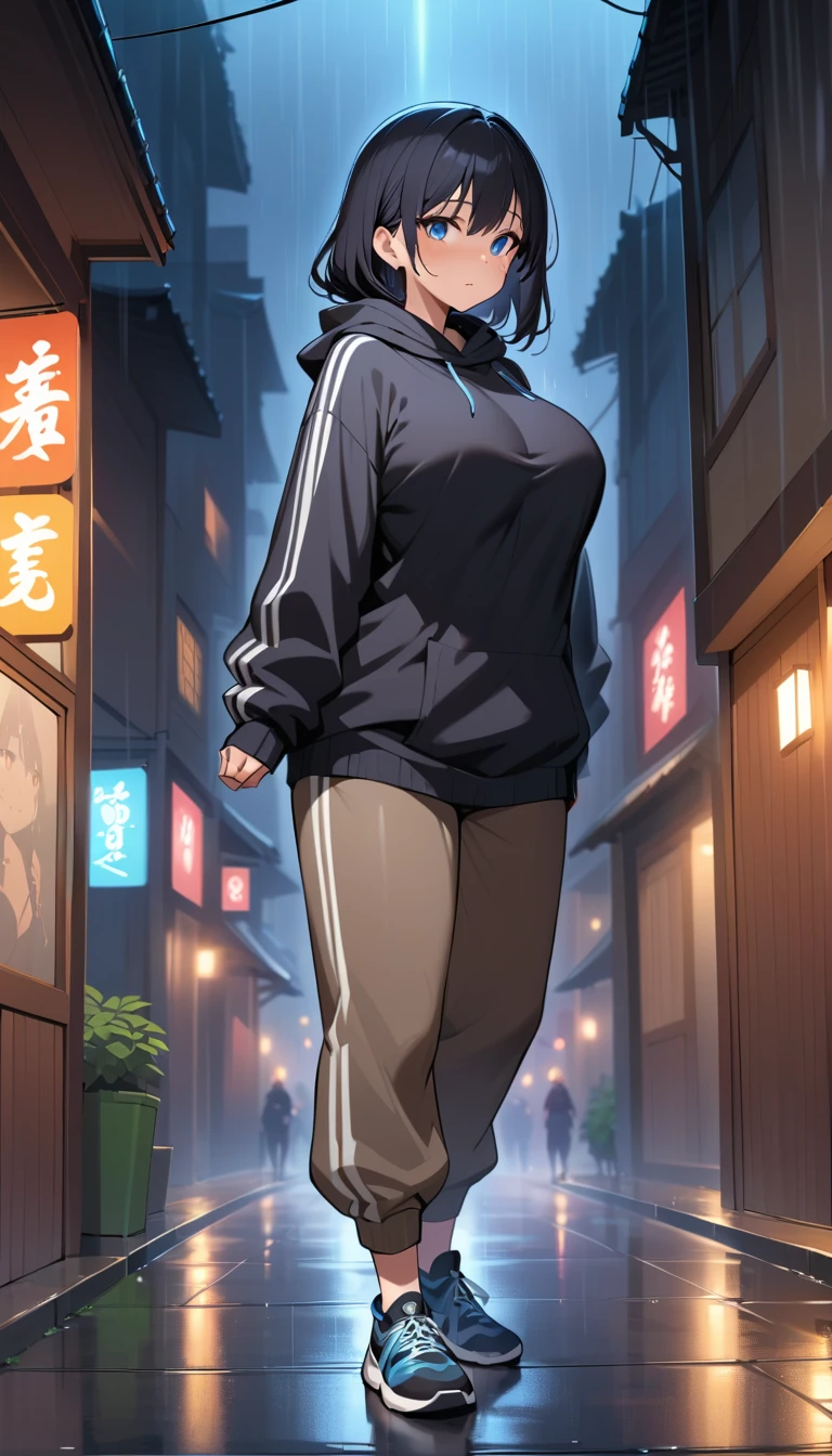 Femme anime en tenue de sport dans une rue de ville sous la pluie