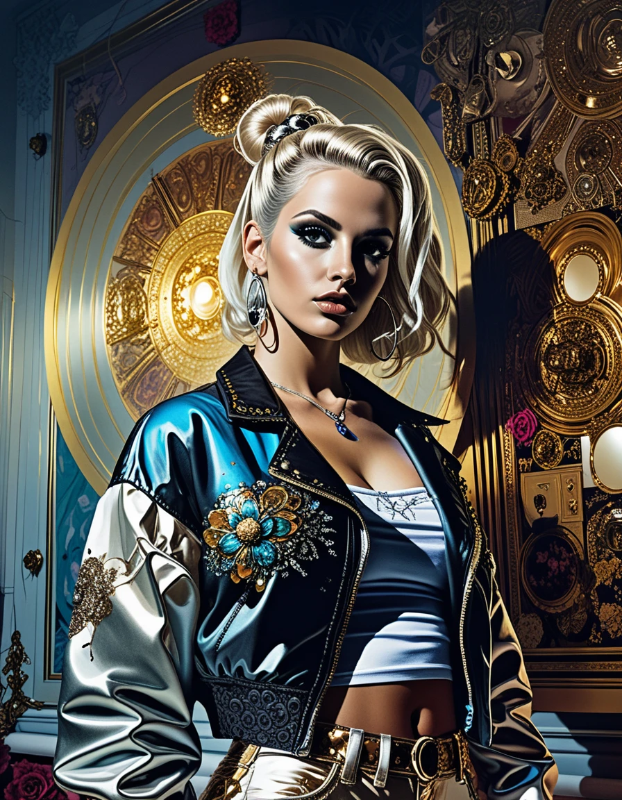 Artiste urbaine blonde et glamour posant devant une fresque de graffiti