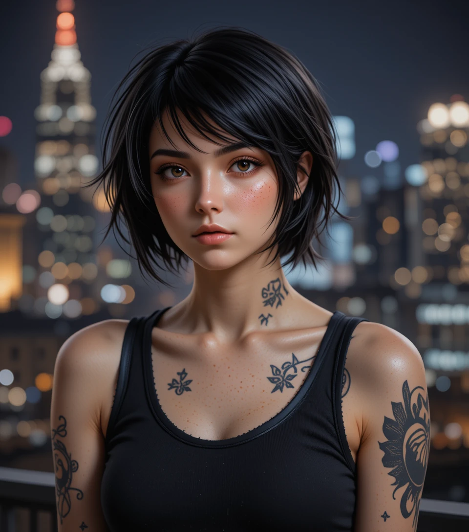 Jeune femme tatouée en haut noir devant les lumières de la ville