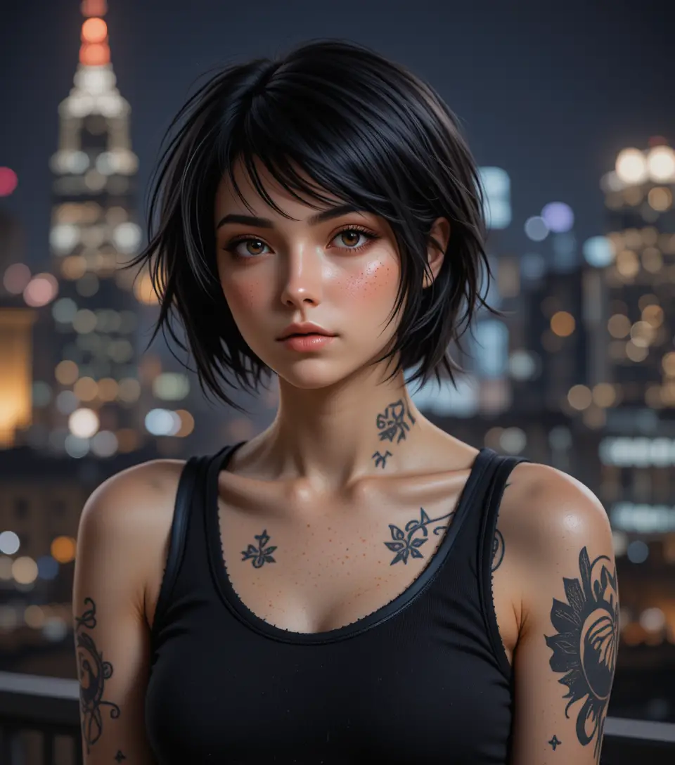 Giovane donna tatuata con top nero davanti alle luci della città