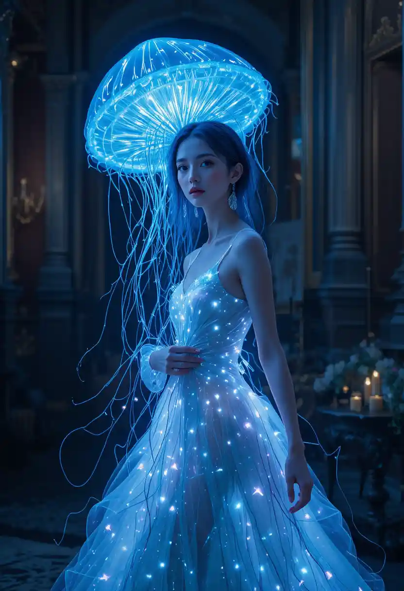 Elegant woman in jellyfish inspired haute couture gown