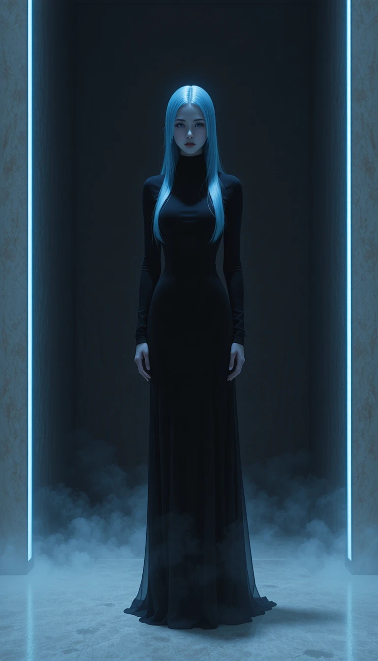 Mulher elegante de cabelo azul em vestido preto sobre fundo escuro