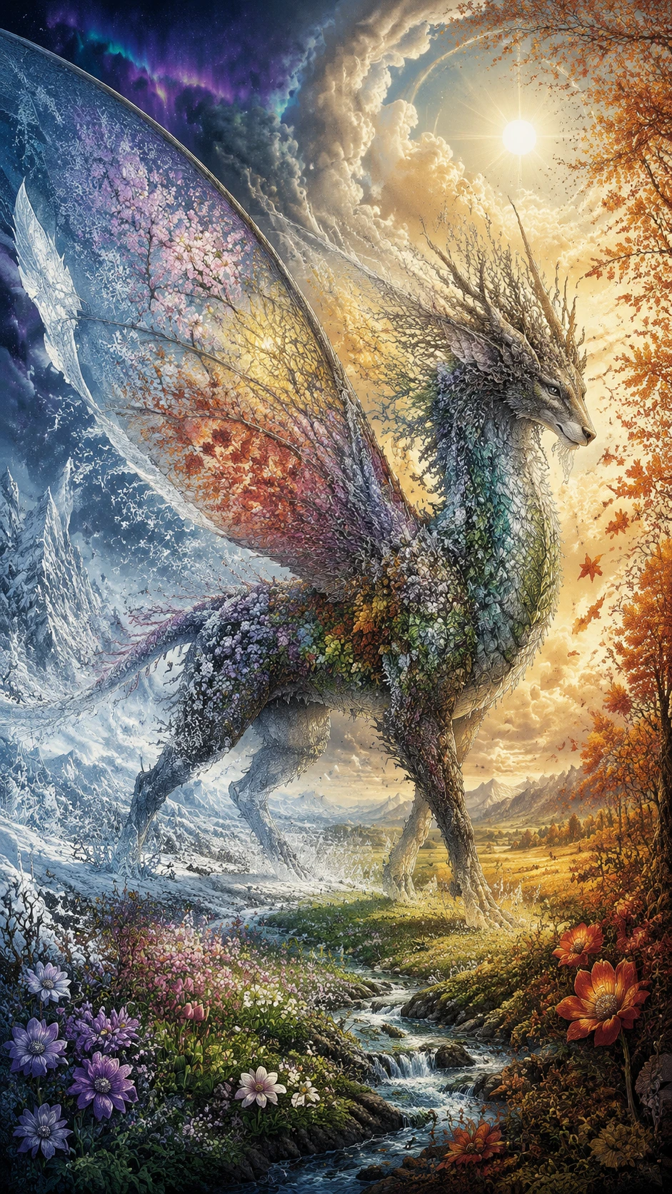 Créature fantastique majestueuse portant les quatre saisons changeantes