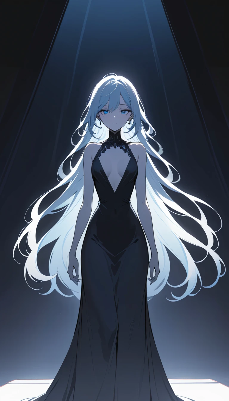 Mulher elegante de cabelo azul em vestido preto contra o vazio escuro