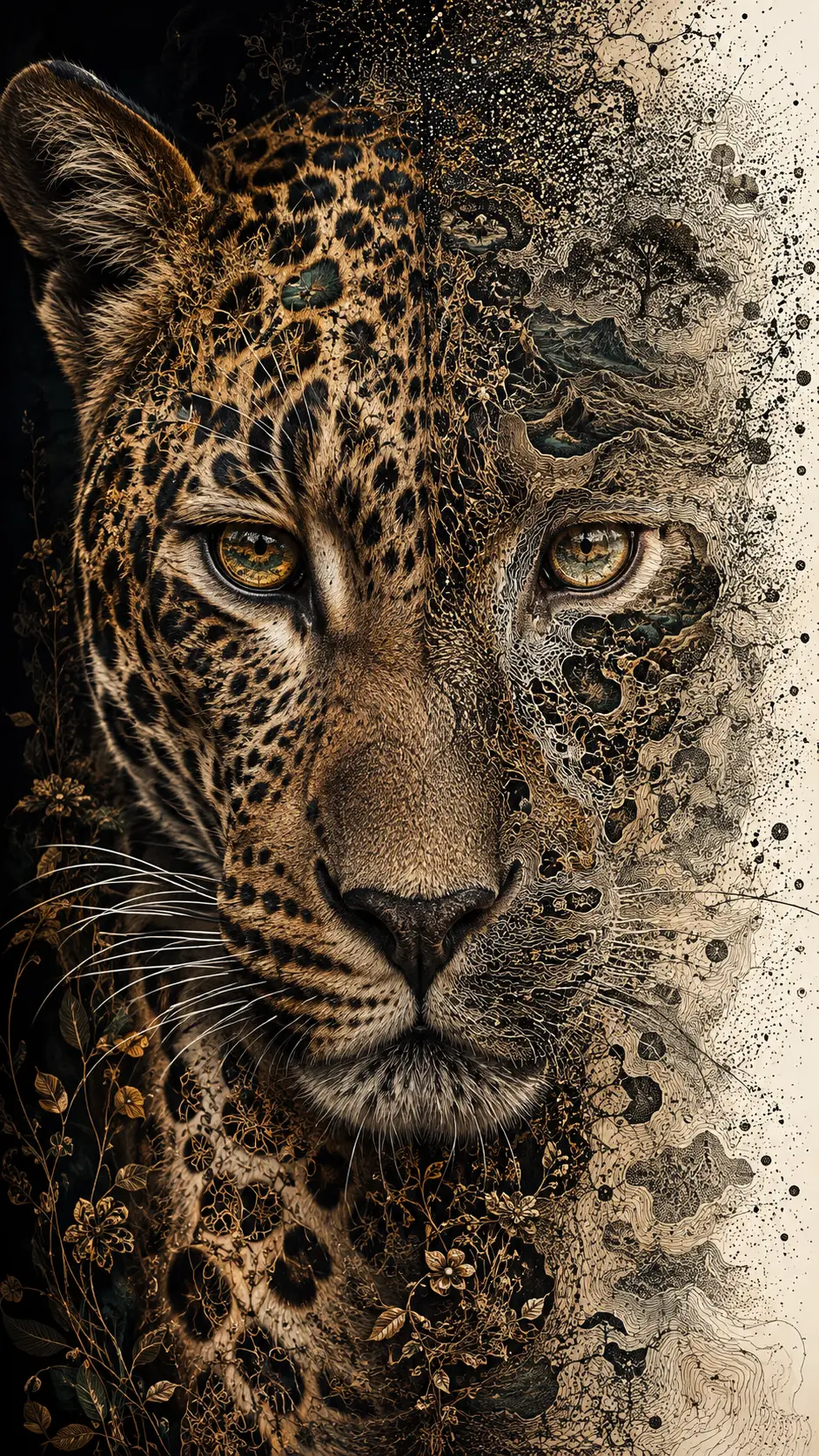 Ritratto Surreale di Leopardo con Motivi di Rosette Topografiche