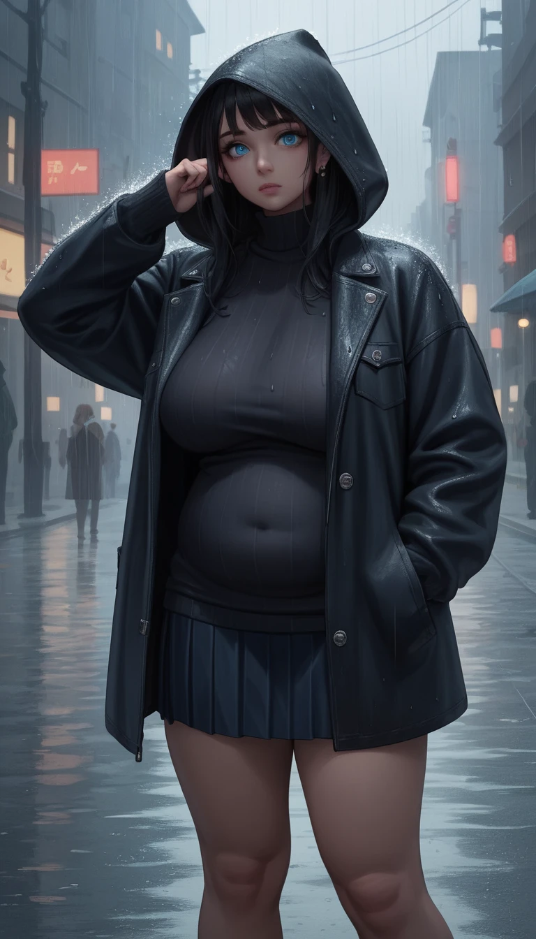 Anime-Frau im schwarzen Pullover auf regnerischer Stadtstraße