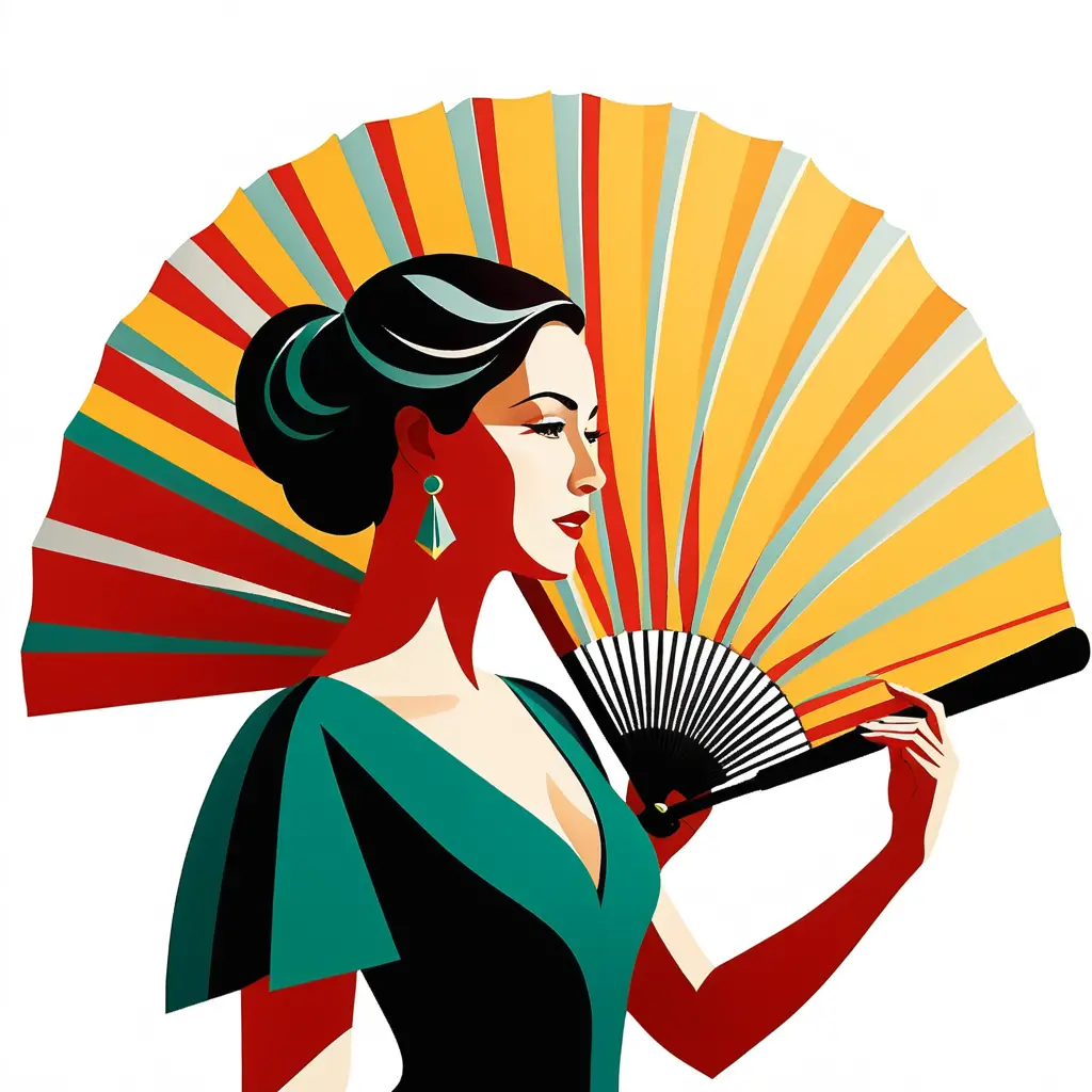 優雅女子展開大型幾何摺扇