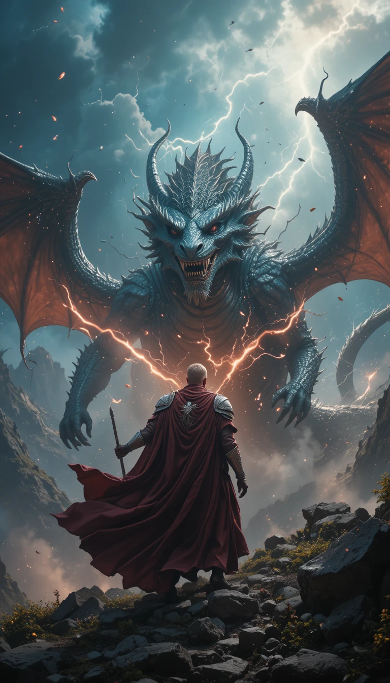Drago antico in battaglia con cavaliere corazzato sopra isole fluttuanti