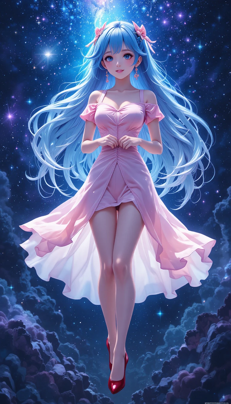 Mulher de anime de cabelo azul com vestido rosa sorrindo no espaço