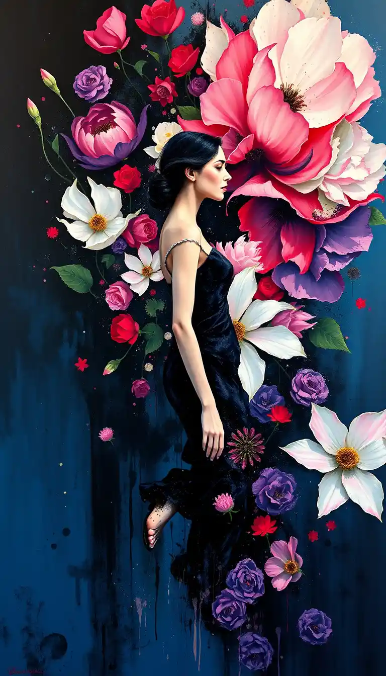 Serene woman in profile amid explosive abstract florals