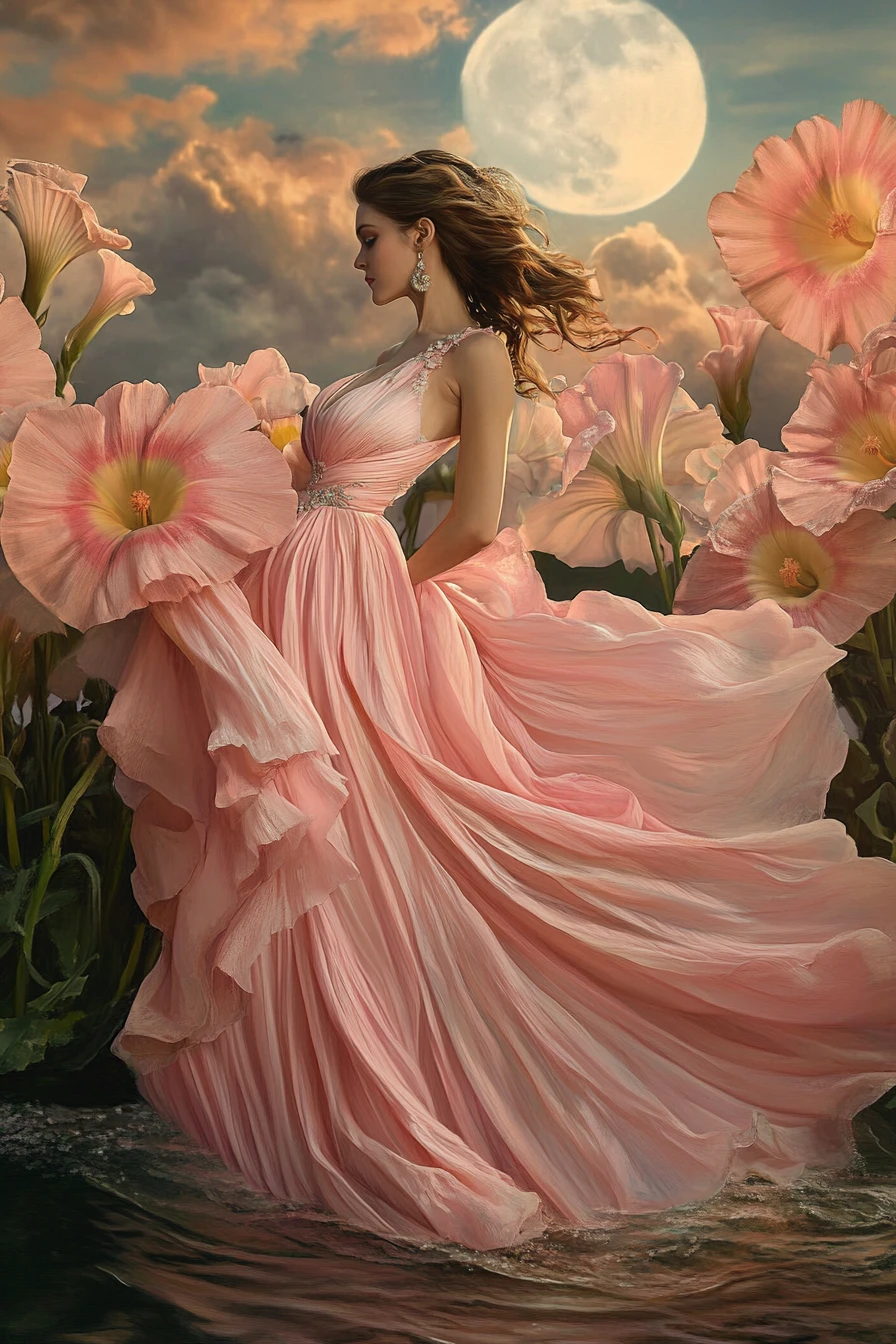 Elegant woman in pink gown drifting across moonlit lake