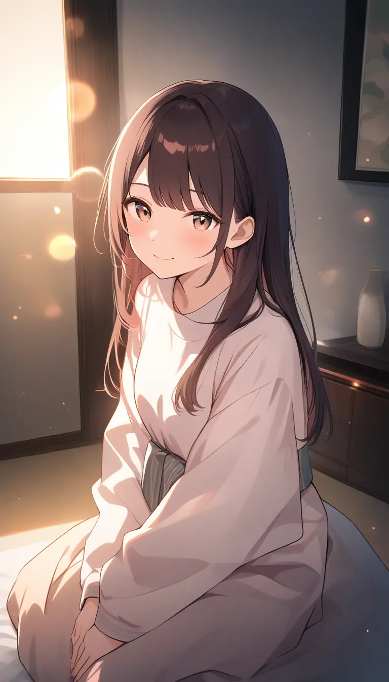 Smiling young woman relaxing in a bright cozy room