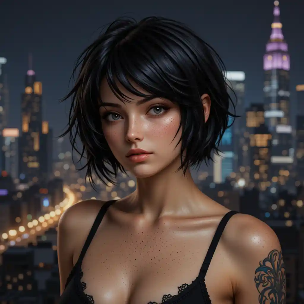 Giovane donna tatuata con lentiggini davanti alle luci notturne della città