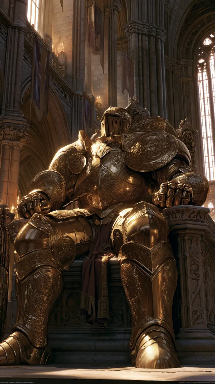 Goldgerüsteter mittelalterlicher Ritter auf einem steinernen Thron