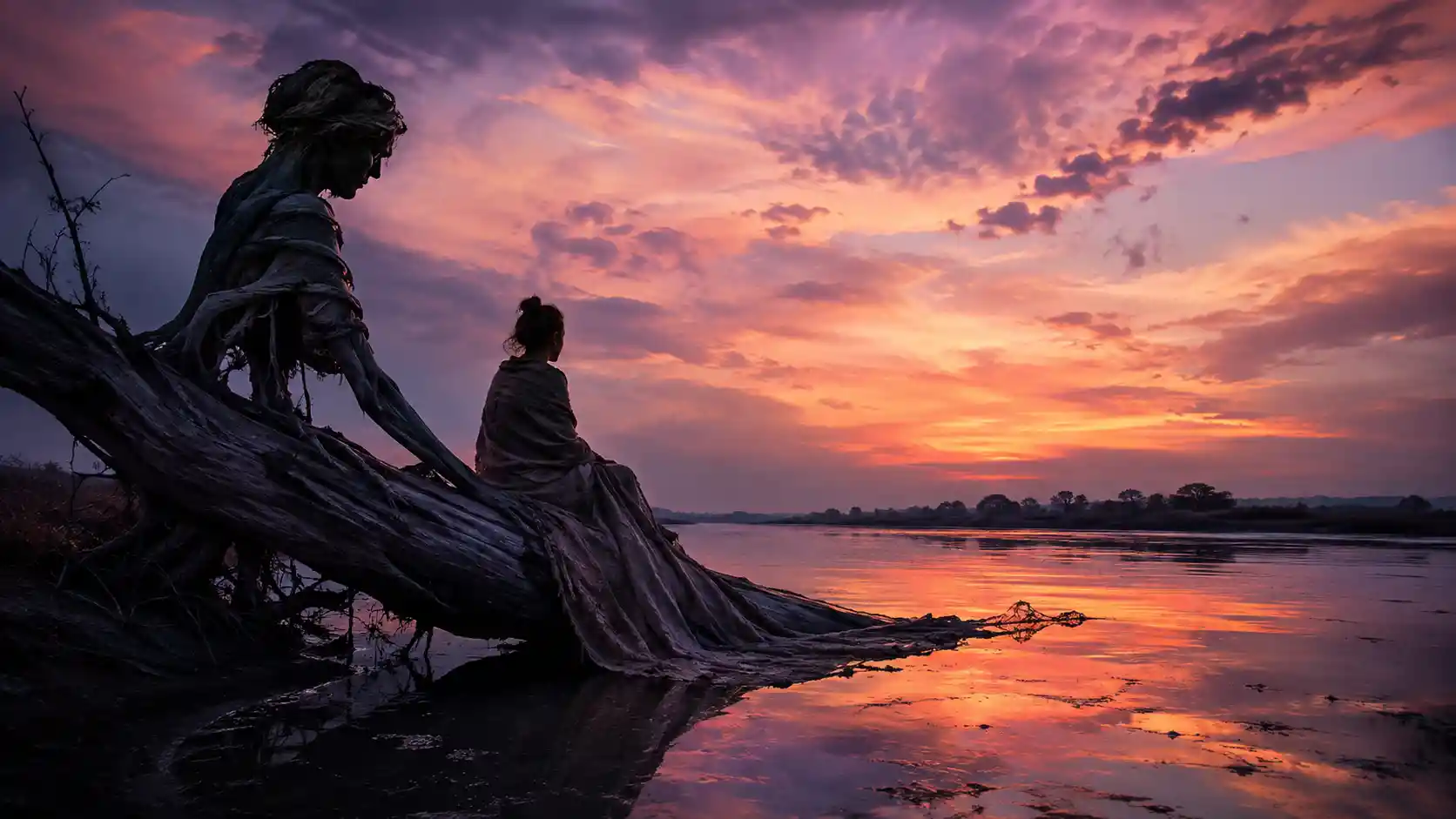 Mujer sobre un árbol caído junto al río al atardecer