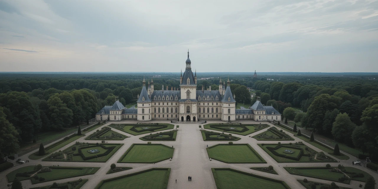 Vista aérea de um grandioso castelo renascentista francês e seus jardins
