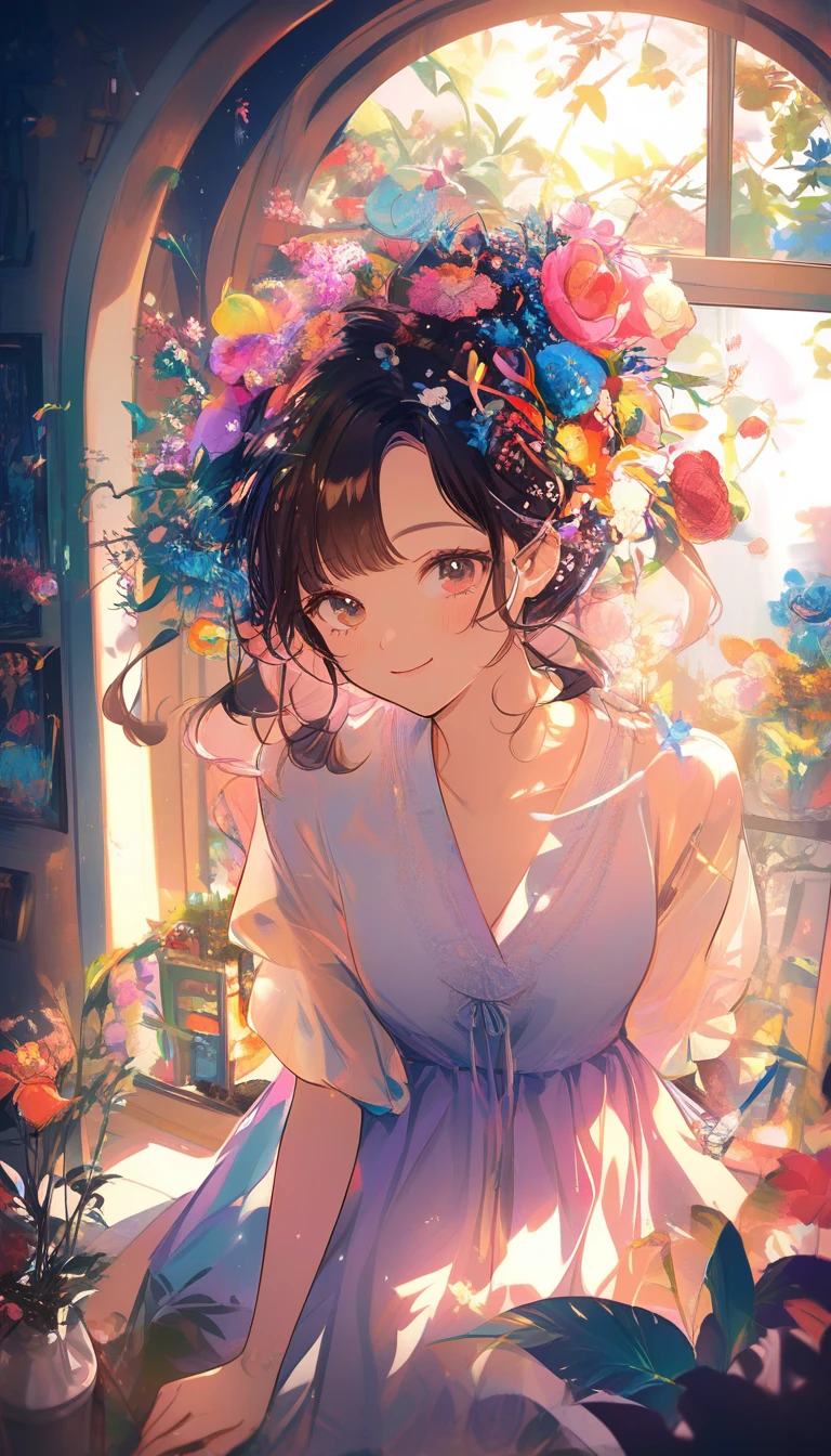 Garota de anime sorridente em um aconchegante quarto otaku banhado de sol
